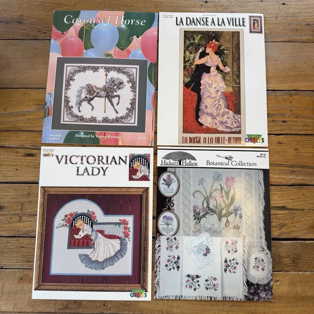 Vtg Cross Stitch Pattern Lot Victorian Lady Renoir Carousel Horse Botanical